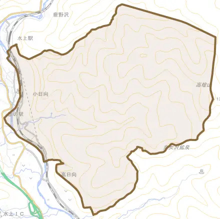 小日向とその周辺の地図。町の範囲を重ねている