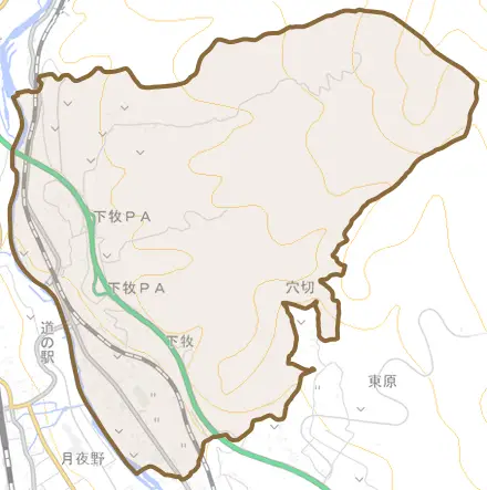 下牧とその周辺の地図。町の範囲を重ねている