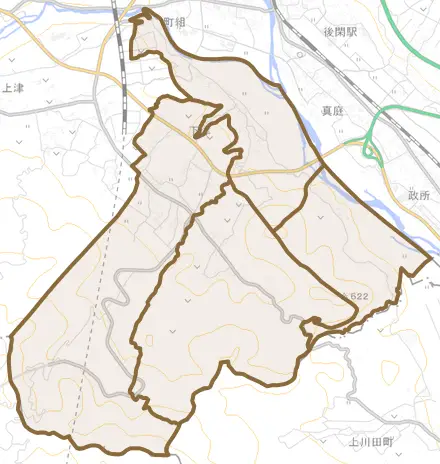 下津とその周辺の地図。町の範囲を重ねている