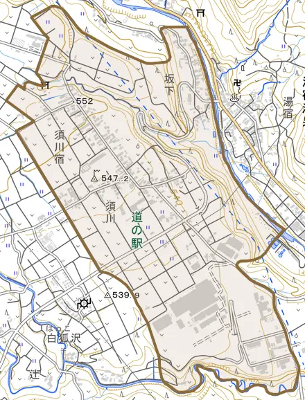 須川とその周辺の地図。町の範囲を重ねている
