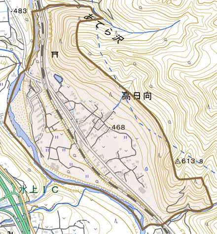 高日向とその周辺の地図。町の範囲を重ねている