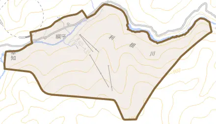 綱子とその周辺の地図。町の範囲を重ねている