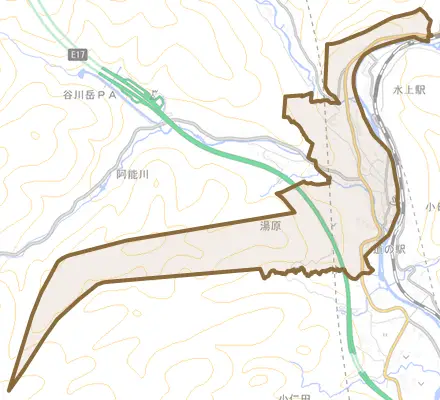 湯原とその周辺の地図。町の範囲を重ねている