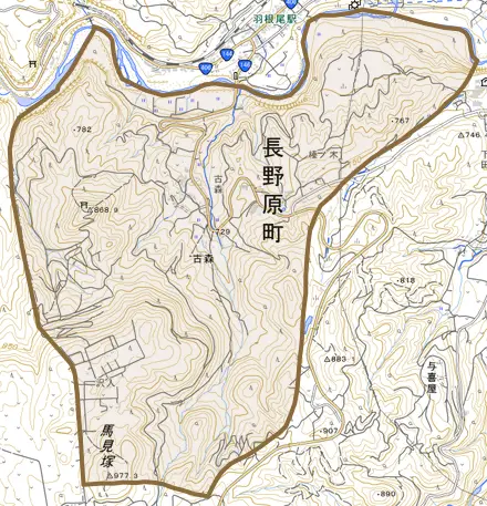 大字古森とその周辺の地図。町の範囲を重ねている