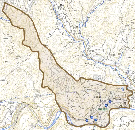 羽根尾とその周辺の地図。町の範囲を重ねている