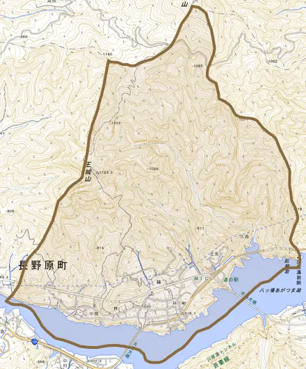 大字林とその周辺の地図。町の範囲を重ねている