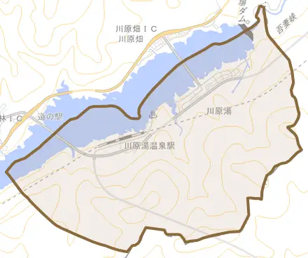 川原湯とその周辺の地図。町の範囲を重ねている