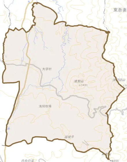 大字北軽井沢とその周辺の地図。町の範囲を重ねている