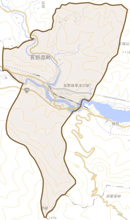大字長野原とその周辺の地図。町の範囲を重ねている