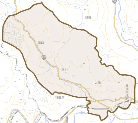 大字大津とその周辺の地図。町の範囲を重ねている
