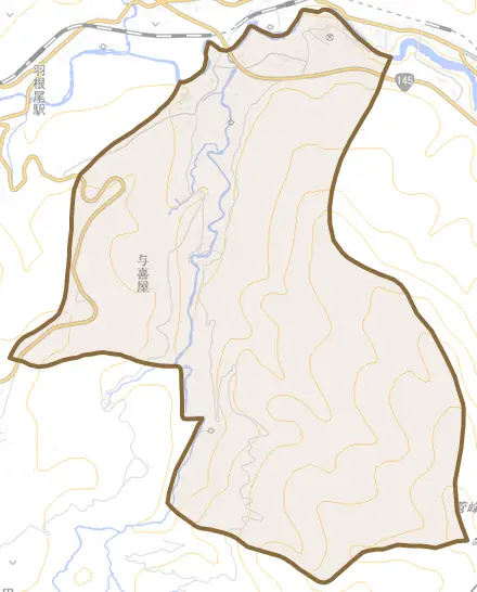 与喜屋とその周辺の地図。町の範囲を重ねている