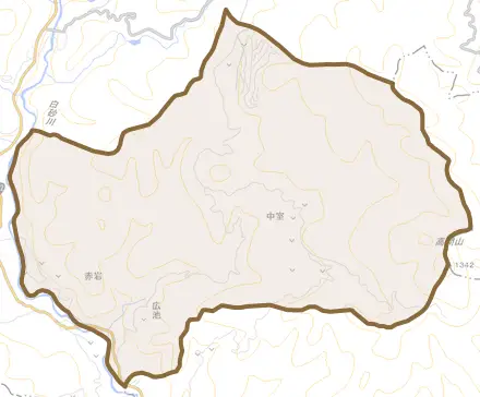 大字赤岩とその周辺の地図。町の範囲を重ねている