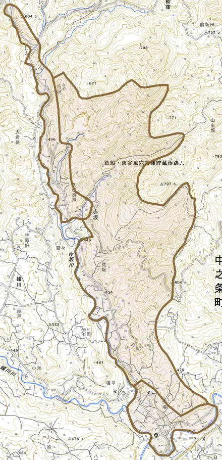 大字赤坂とその周辺の地図。町の範囲を重ねている