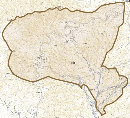 大字大道とその周辺の地図。町の範囲を重ねている