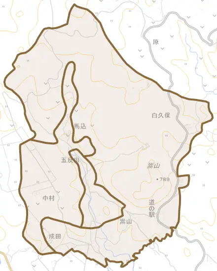 大字五反田とその周辺の地図。町の範囲を重ねている