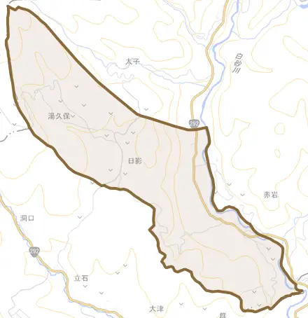 大字日影とその周辺の地図。町の範囲を重ねている