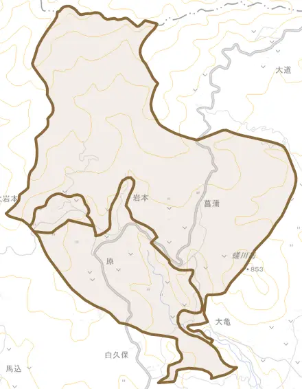 大字岩本とその周辺の地図。町の範囲を重ねている