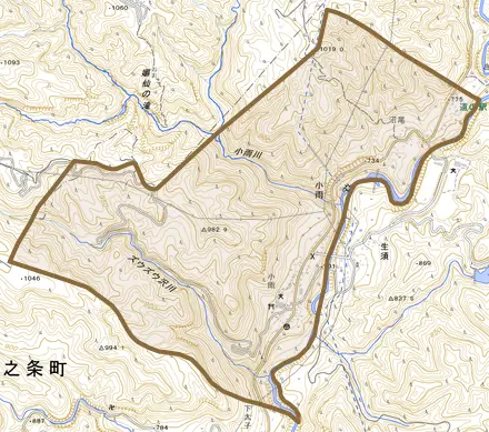 大字小雨とその周辺の地図。町の範囲を重ねている