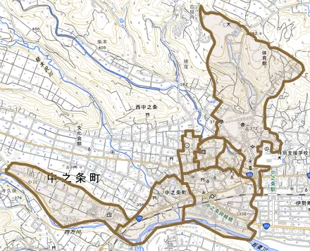 大字中之条町とその周辺の地図。町の範囲を重ねている