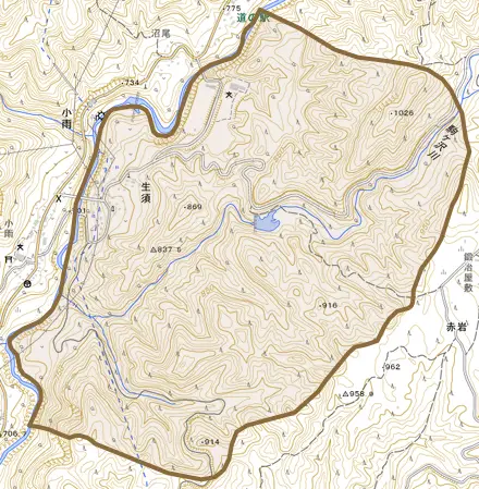 大字生須とその周辺の地図。町の範囲を重ねている