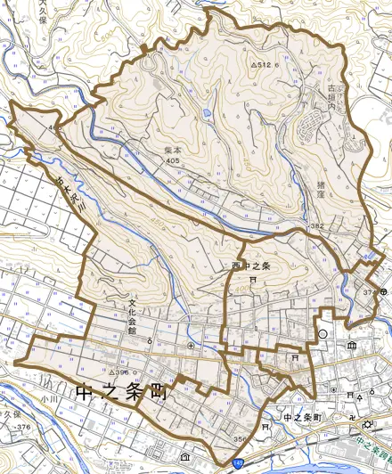 大字西中之条とその周辺の地図。町の範囲を重ねている