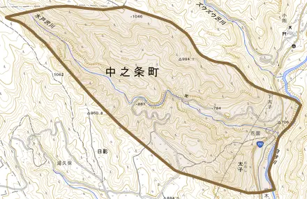 大字太子とその周辺の地図。町の範囲を重ねている
