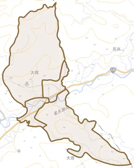 大字大塚とその周辺の地図。町の範囲を重ねている