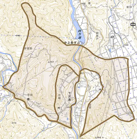 大字下沢渡とその周辺の地図。町の範囲を重ねている