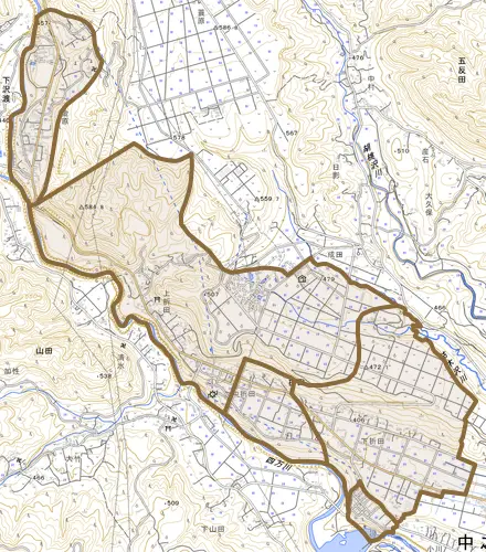 大字折田とその周辺の地図。町の範囲を重ねている