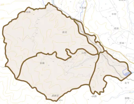 大字山田とその周辺の地図。町の範囲を重ねている
