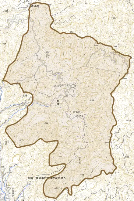大字栃窪とその周辺の地図。町の範囲を重ねている