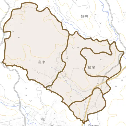 大字横尾とその周辺の地図。町の範囲を重ねている