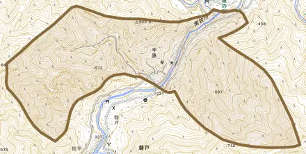 大字千原とその周辺の地図。町の範囲を重ねている