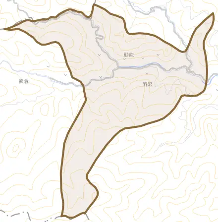 大字羽沢とその周辺の地図。町の範囲を重ねている
