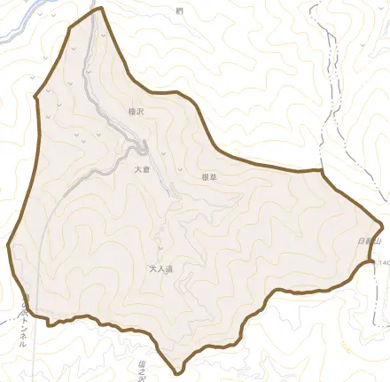 大字檜沢とその周辺の地図。町の範囲を重ねている
