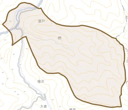 大字磐戸とその周辺の地図。町の範囲を重ねている