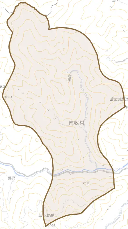 大字六車とその周辺の地図。町の範囲を重ねている