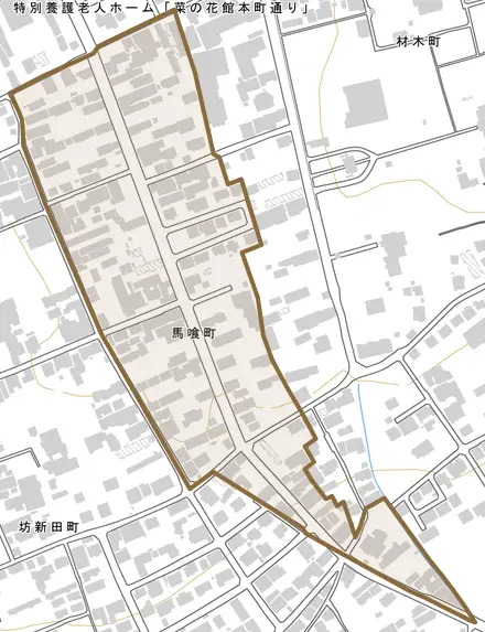 馬喰町とその周辺の地図。町の範囲を重ねている