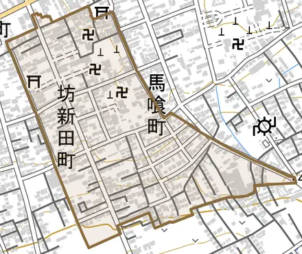 坊新田町とその周辺の地図。町の範囲を重ねている