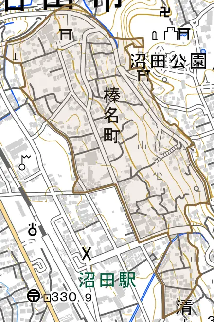 榛名町とその周辺の地図。町の範囲を重ねている