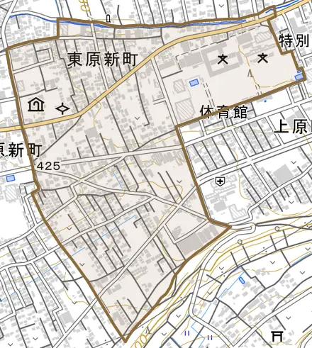 東原新町とその周辺の地図。町の範囲を重ねている