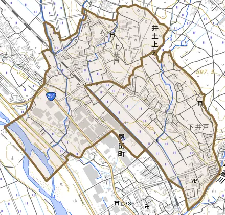 井土上町とその周辺の地図。町の範囲を重ねている