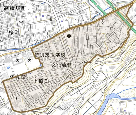 上原町とその周辺の地図。町の範囲を重ねている
