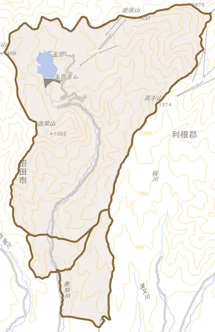 上発知町とその周辺の地図。町の範囲を重ねている