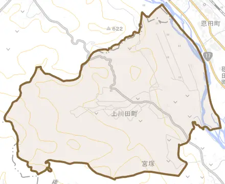 上川田町とその周辺の地図。町の範囲を重ねている