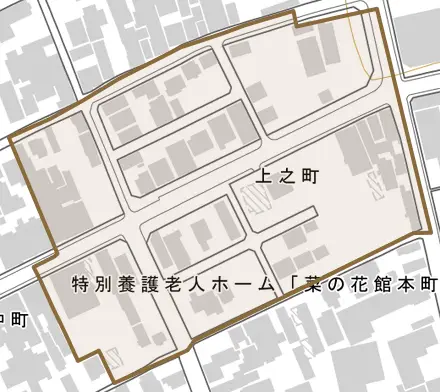 上之町とその周辺の地図。町の範囲を重ねている