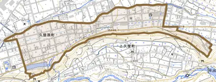 久屋原町とその周辺の地図。町の範囲を重ねている