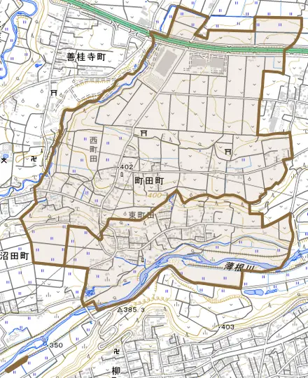 町田町とその周辺の地図。町の範囲を重ねている