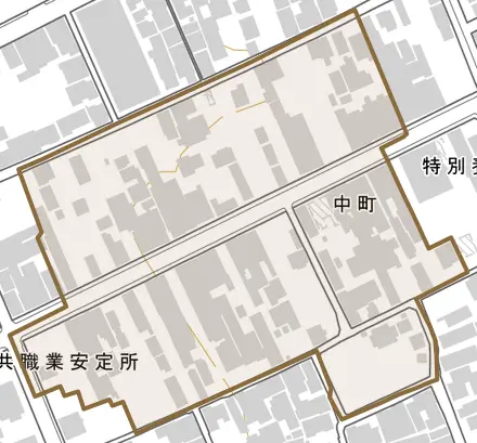 中町とその周辺の地図。町の範囲を重ねている