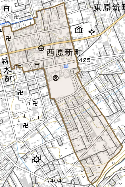 西原新町とその周辺の地図。町の範囲を重ねている